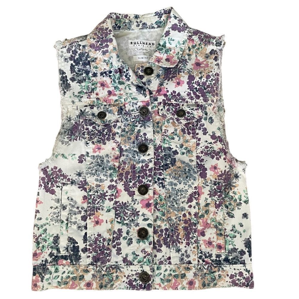 Bullhead ~ White Floral Denim Vest ~ Slim Fit ~ size Small